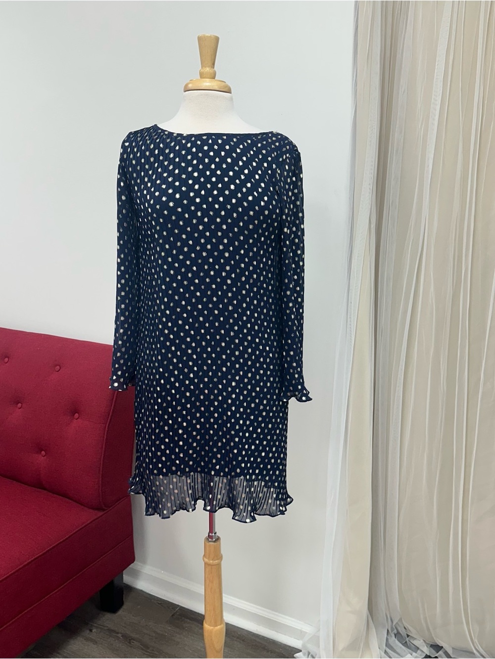 MSK Navy Gold Polka Dot 3/4 Sleeve Accordion Pleats Shift Mini Dress